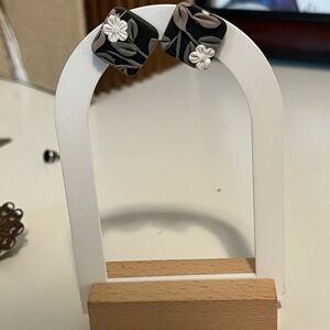 Handcrafted Clay Black and White Square Floral Earrings